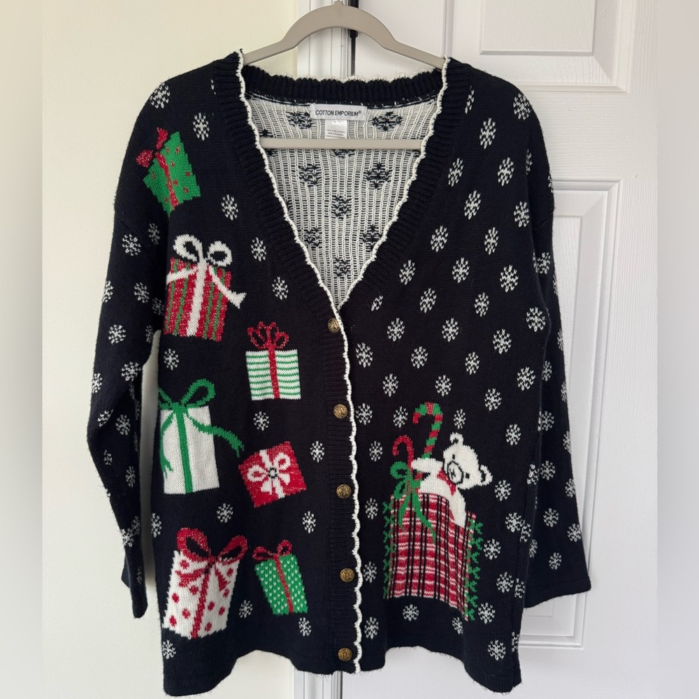 Cotton‎ Emporium Christmas Sweater Cardigan Festive Black and Red Size Large